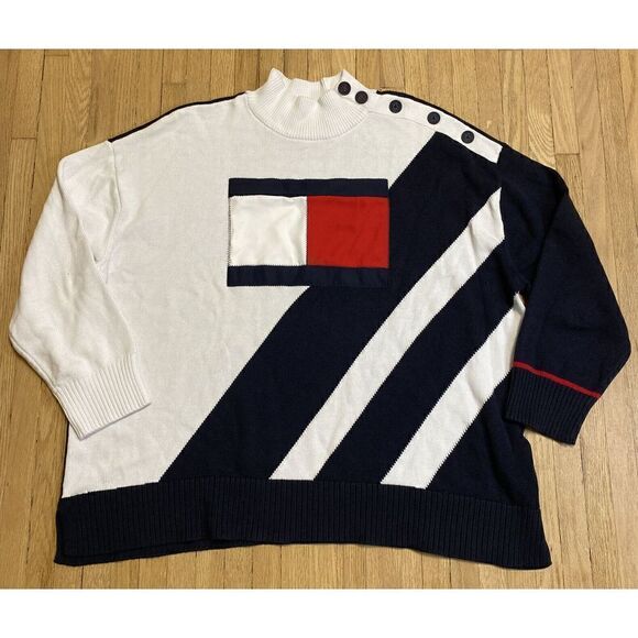 Womans Plus Tommy Hilfiger Sweater 1X Y2K Pullover Stripes Buttons Large Logo - Picture 1 of 8
